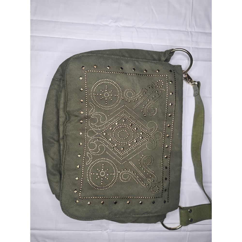 Marlo Olive Suede Studded Shoulder Bag Crossbody — Web Strap Boho